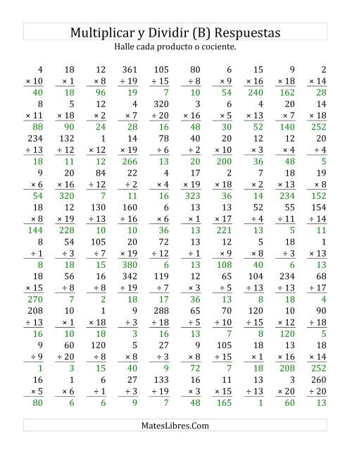 La hoja de ejercicios de Multiplicar y Dividir, Rango de 1 a 20 (B) Página 2