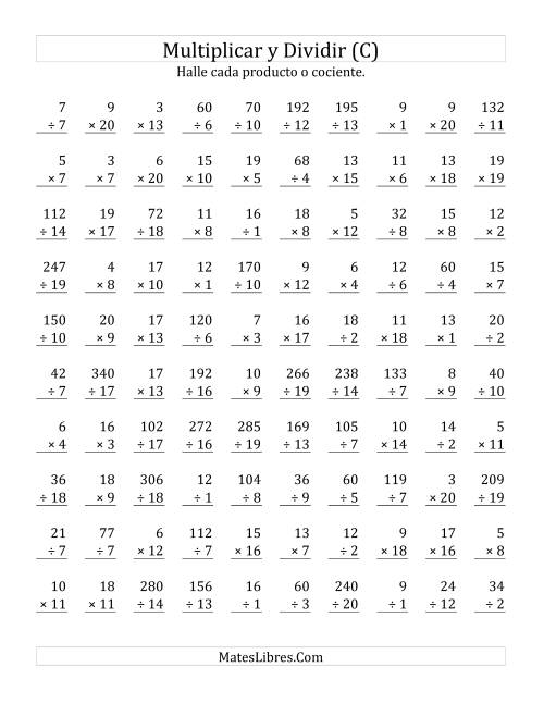 La hoja de ejercicios de Multiplicar y Dividir, Rango de 1 a 20 (C)