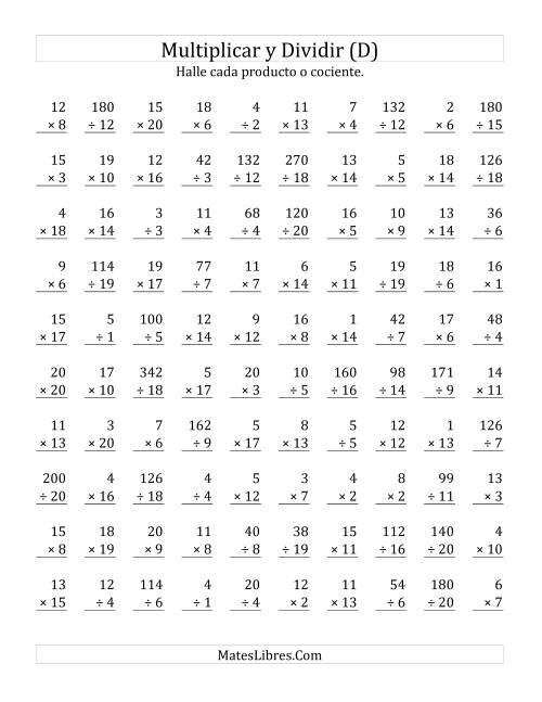 La hoja de ejercicios de Multiplicar y Dividir, Rango de 1 a 20 (D)