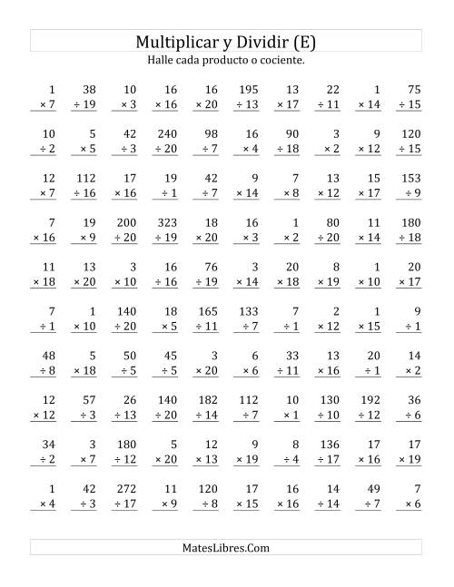 La hoja de ejercicios de Multiplicar y Dividir, Rango de 1 a 20 (E)