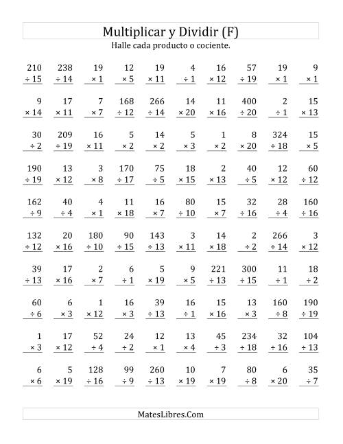 La hoja de ejercicios de Multiplicar y Dividir, Rango de 1 a 20 (F)