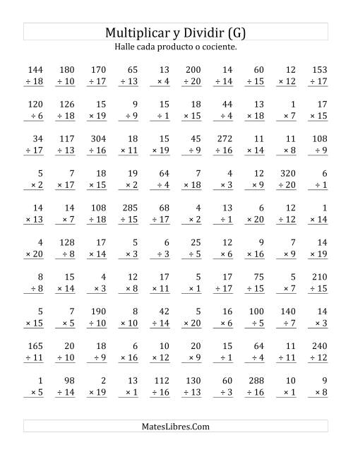 La hoja de ejercicios de Multiplicar y Dividir, Rango de 1 a 20 (G)