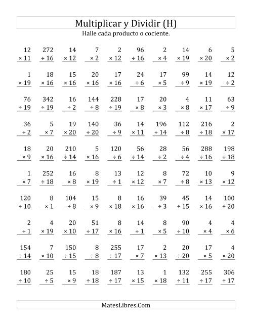 La hoja de ejercicios de Multiplicar y Dividir, Rango de 1 a 20 (H)