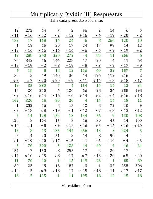 La hoja de ejercicios de Multiplicar y Dividir, Rango de 1 a 20 (H) Página 2