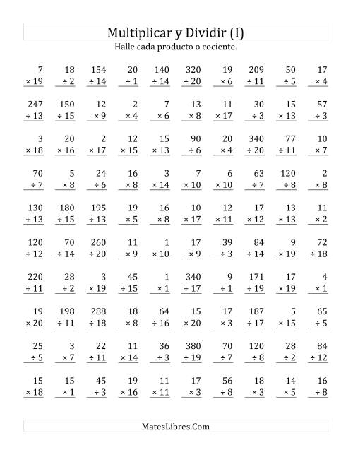 La hoja de ejercicios de Multiplicar y Dividir, Rango de 1 a 20 (I)