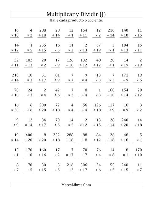 La hoja de ejercicios de Multiplicar y Dividir, Rango de 1 a 20 (J)