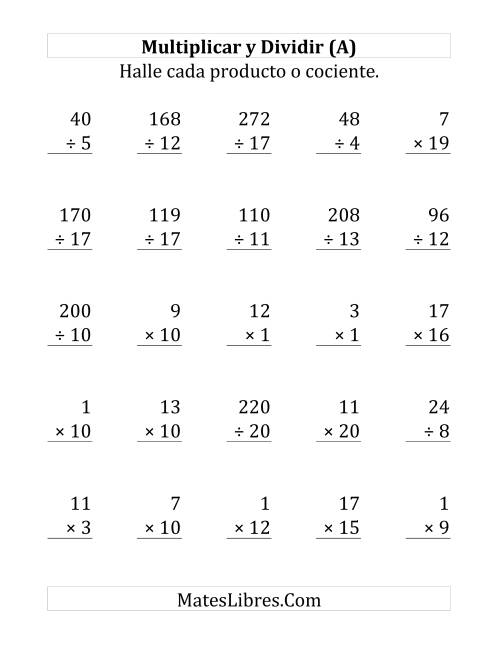 La hoja de ejercicios de Multiplicar y Dividir, Rango de 1 a 20 (Grande)