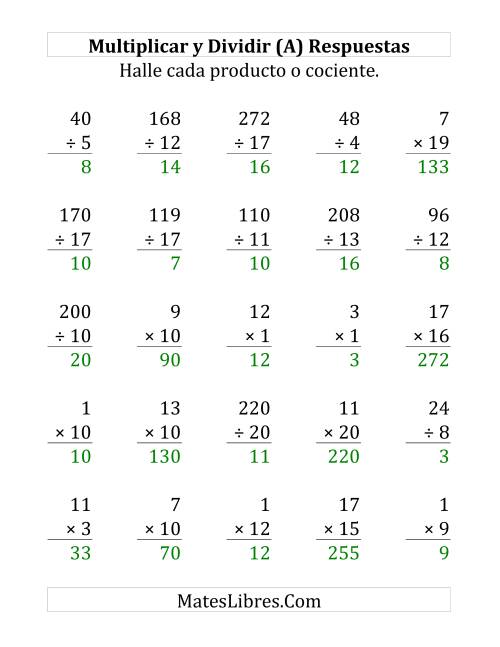 La hoja de ejercicios de Multiplicar y Dividir, Rango de 1 a 20 (Grande) Página 2