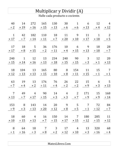 La hoja de ejercicios de Multiplicar y Dividir, Rango de 1 a 20 (Todas)