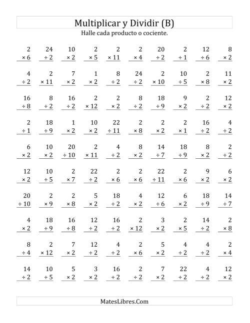 La hoja de ejercicios de Multiplicar y Dividir por 2 (B)