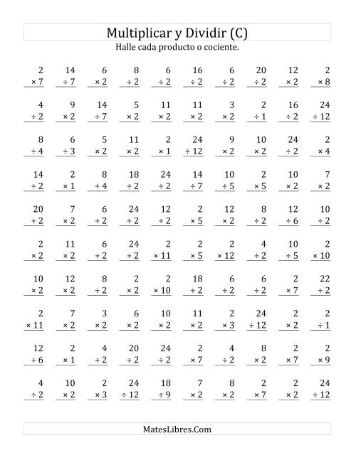 La hoja de ejercicios de Multiplicar y Dividir por 2 (C)