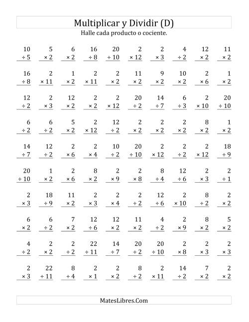 La hoja de ejercicios de Multiplicar y Dividir por 2 (D)