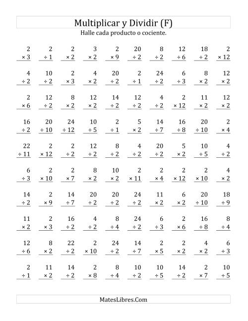 La hoja de ejercicios de Multiplicar y Dividir por 2 (F)
