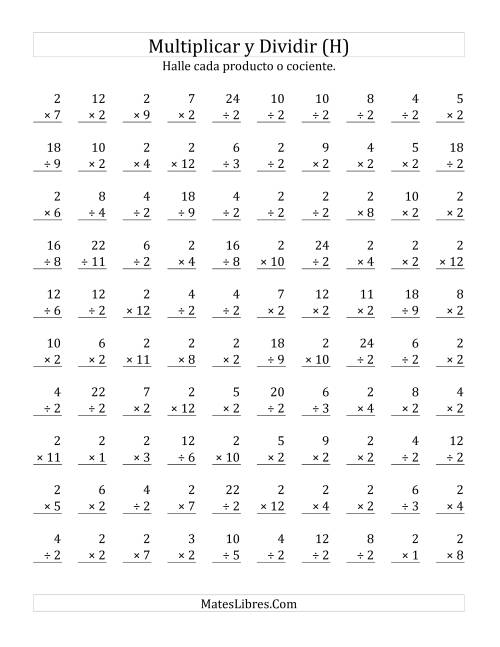 La hoja de ejercicios de Multiplicar y Dividir por 2 (H)