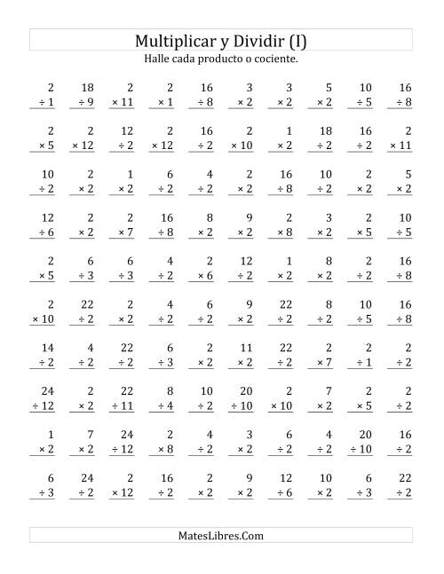 La hoja de ejercicios de Multiplicar y Dividir por 2 (I)