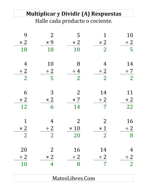 La hoja de ejercicios de Multiplicar y Dividir por 2 (Grande) Página 2