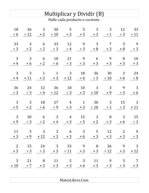 La hoja de ejercicios de Multiplicar y Dividir por 3 (B)