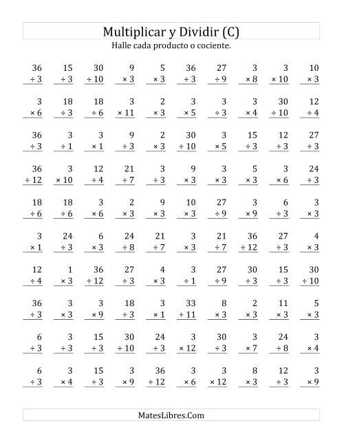 La hoja de ejercicios de Multiplicar y Dividir por 3 (C)