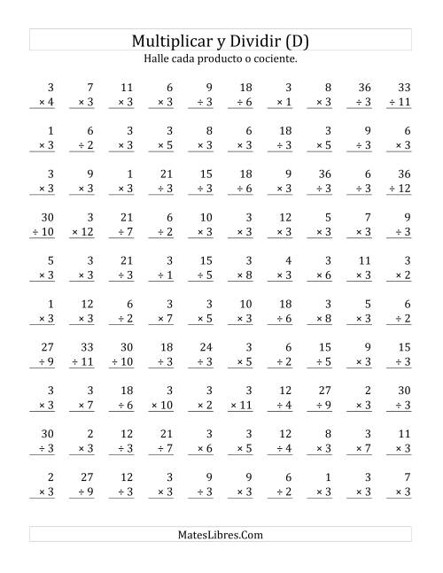 La hoja de ejercicios de Multiplicar y Dividir por 3 (D)
