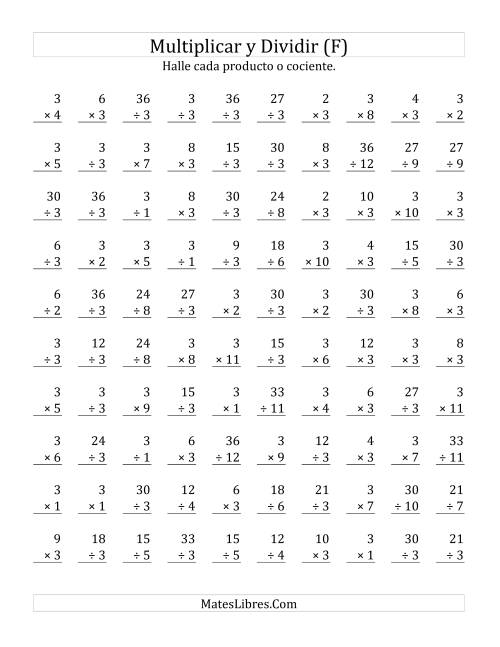 La hoja de ejercicios de Multiplicar y Dividir por 3 (F)