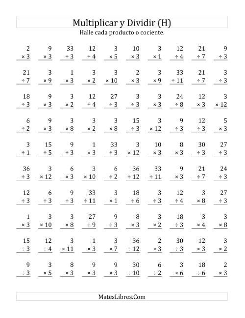 La hoja de ejercicios de Multiplicar y Dividir por 3 (H)