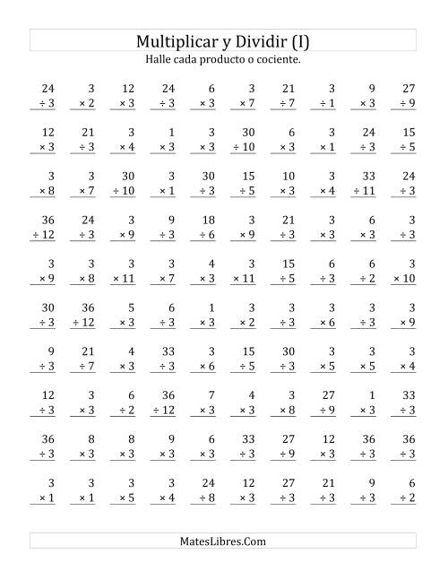 La hoja de ejercicios de Multiplicar y Dividir por 3 (I)