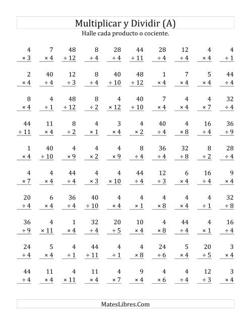 La hoja de ejercicios de Multiplicar y Dividir por 4 (A)
