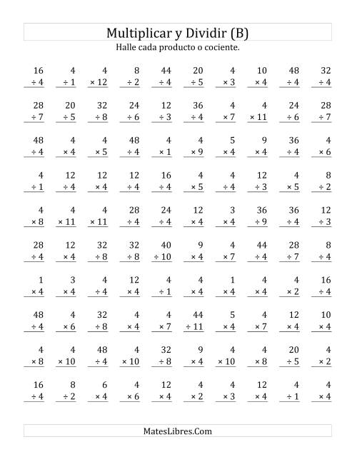 La hoja de ejercicios de Multiplicar y Dividir por 4 (B)