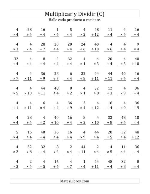 La hoja de ejercicios de Multiplicar y Dividir por 4 (C)