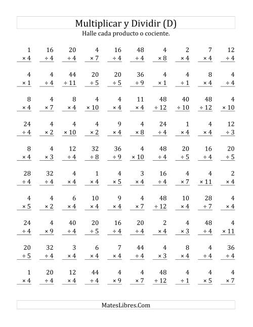 La hoja de ejercicios de Multiplicar y Dividir por 4 (D)