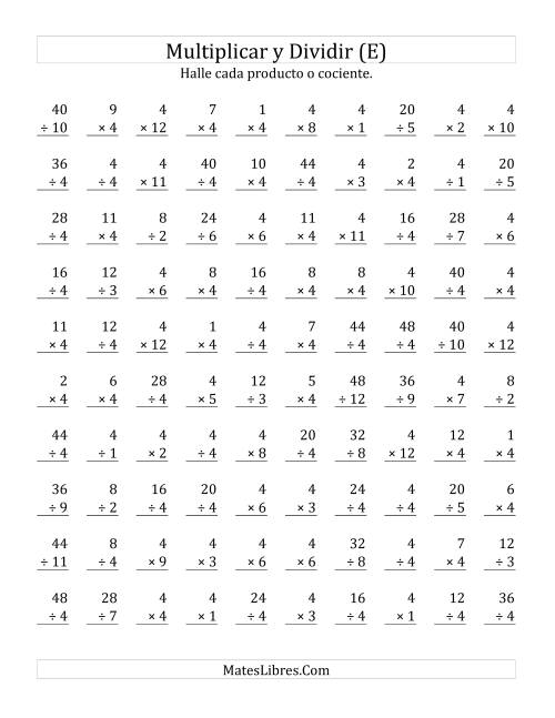 La hoja de ejercicios de Multiplicar y Dividir por 4 (E)