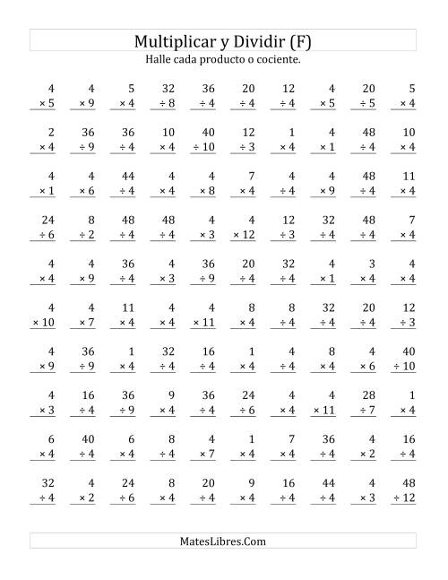 La hoja de ejercicios de Multiplicar y Dividir por 4 (F)