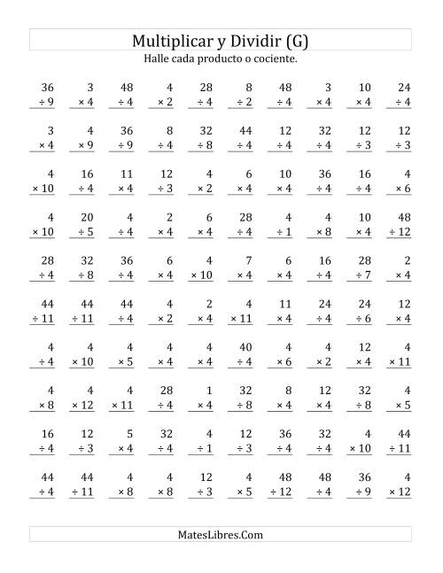 La hoja de ejercicios de Multiplicar y Dividir por 4 (G)