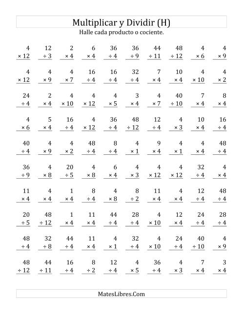 La hoja de ejercicios de Multiplicar y Dividir por 4 (H)