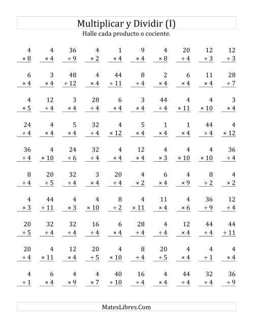 La hoja de ejercicios de Multiplicar y Dividir por 4 (I)