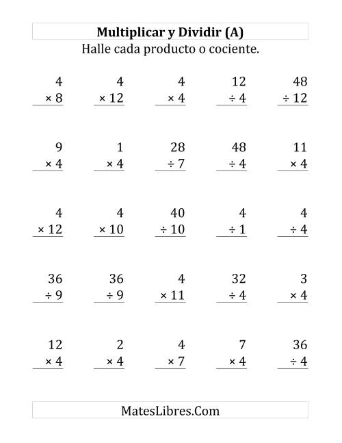 La hoja de ejercicios de Multiplicar y Dividir por 4 (Grande)