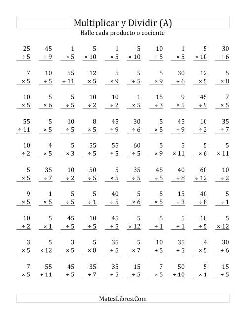 La hoja de ejercicios de Multiplicar y Dividir por 5 (A)