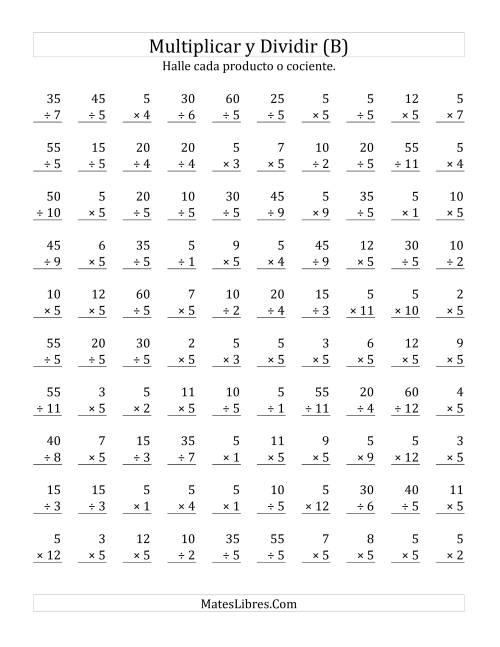 La hoja de ejercicios de Multiplicar y Dividir por 5 (B)