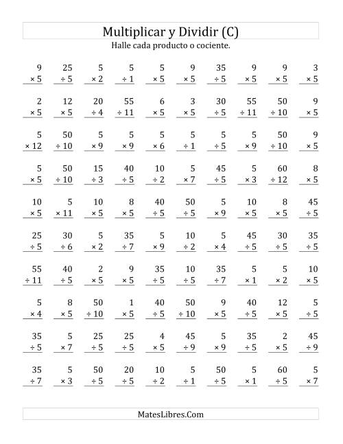 La hoja de ejercicios de Multiplicar y Dividir por 5 (C)