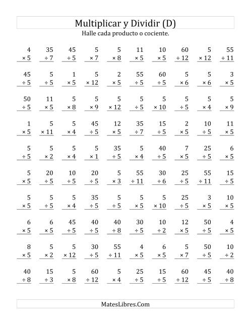 La hoja de ejercicios de Multiplicar y Dividir por 5 (D)