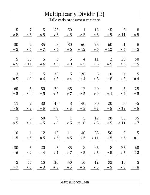 La hoja de ejercicios de Multiplicar y Dividir por 5 (E)