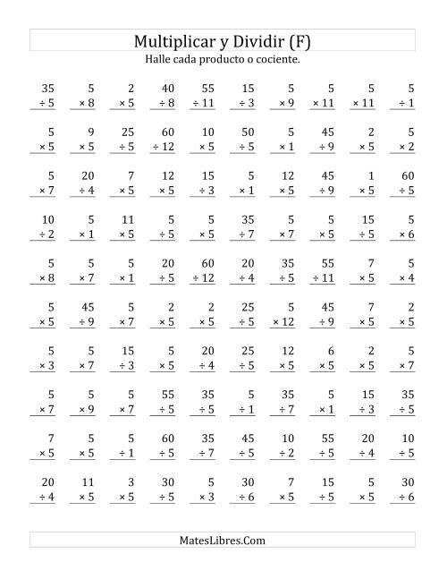 La hoja de ejercicios de Multiplicar y Dividir por 5 (F)