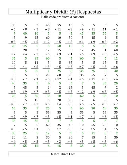 La hoja de ejercicios de Multiplicar y Dividir por 5 (F) Página 2