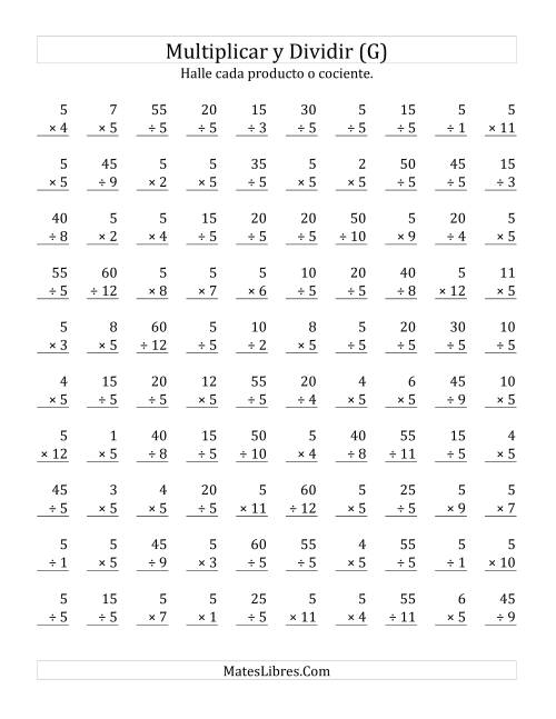 La hoja de ejercicios de Multiplicar y Dividir por 5 (G)
