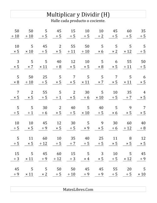 La hoja de ejercicios de Multiplicar y Dividir por 5 (H)