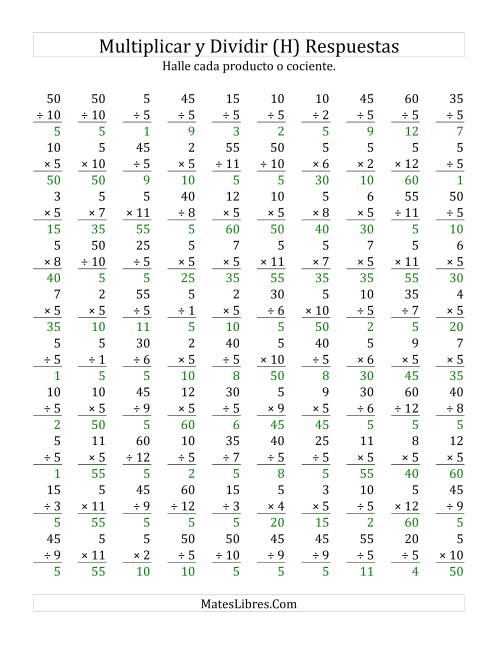 La hoja de ejercicios de Multiplicar y Dividir por 5 (H) Página 2