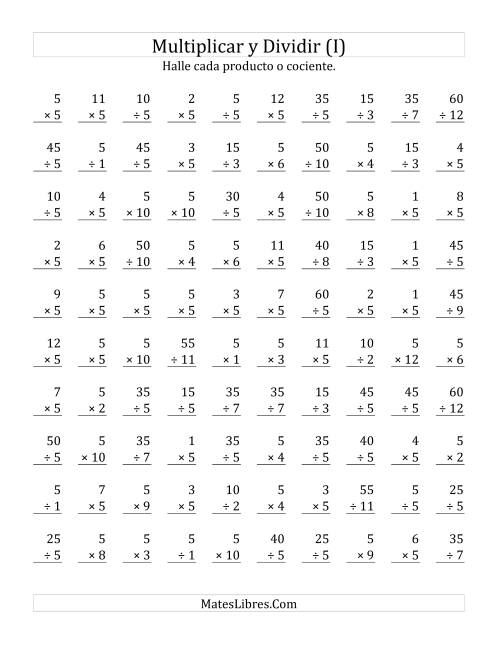 La hoja de ejercicios de Multiplicar y Dividir por 5 (I)