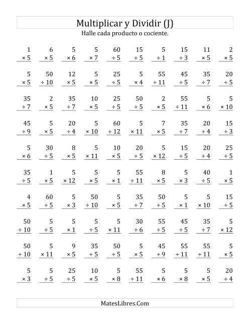 La hoja de ejercicios de Multiplicar y Dividir por 5 (J)