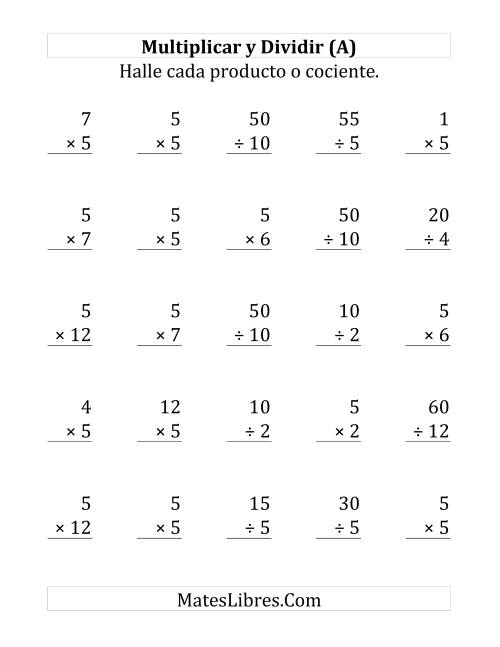 La hoja de ejercicios de Multiplicar y Dividir por 5 (Grande)
