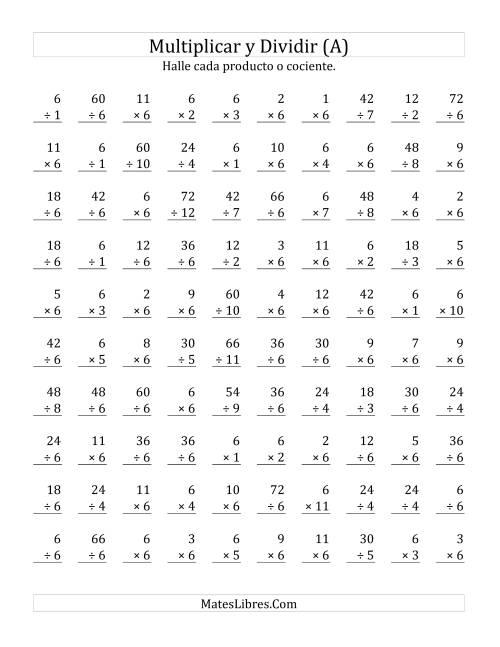 La hoja de ejercicios de Multiplicar y Dividir por 6 (A)